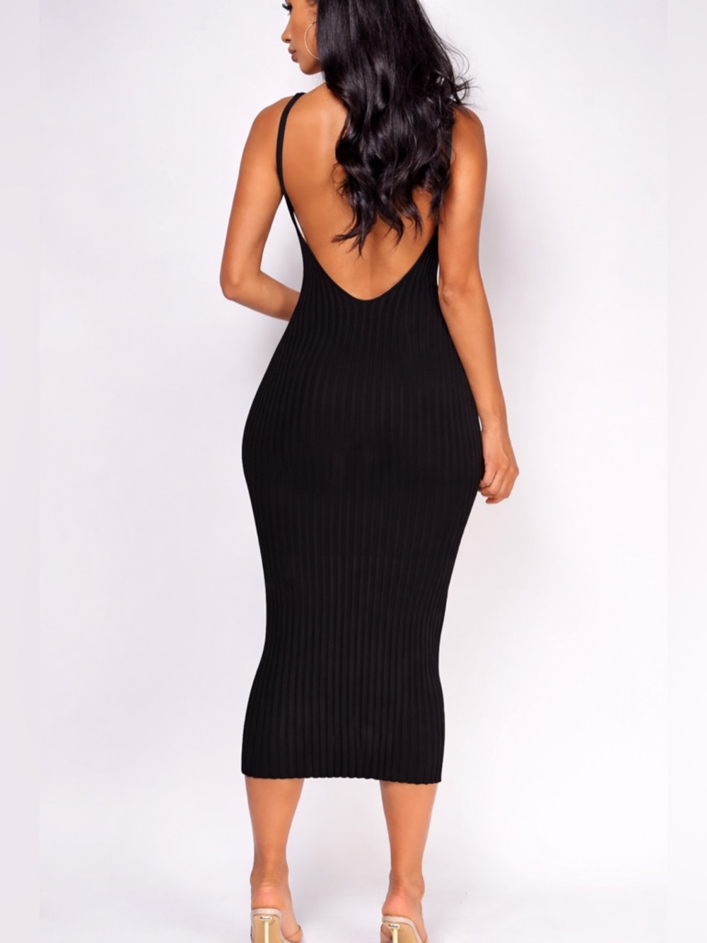 Emprada Lyra Black Ribbed Open Back Midi Dress Ribbed Black Midi Dress